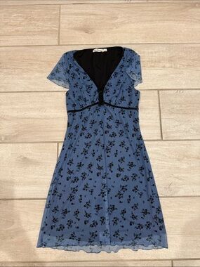 Blue Floral Mesh Midi Dress with Black Trim